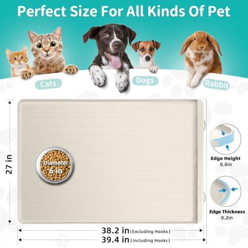 Dog Mat for Food and Water - 39.4" x 27" Large Pet Feeding Mats with Residue Collection Pocket - Waterproof Dog Cat Bowl Mat with High Edges to Prevent Water and Food Spills (Cream) - color: Cream