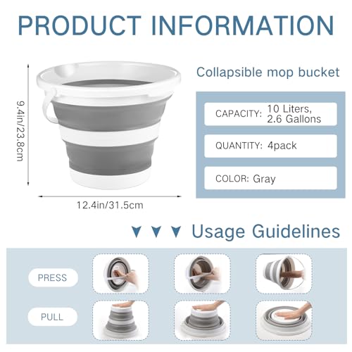 Pickmesh 4 Pcs Collapsible Bucket 2.6 Gallon (10l) Foldable Collapsible Sand Bucket with Handle Small Cleaning Pail for Household Outdoor Car Washing Camping Beach Sand (Gray) - color: Gray, size: 2.6 Gallon