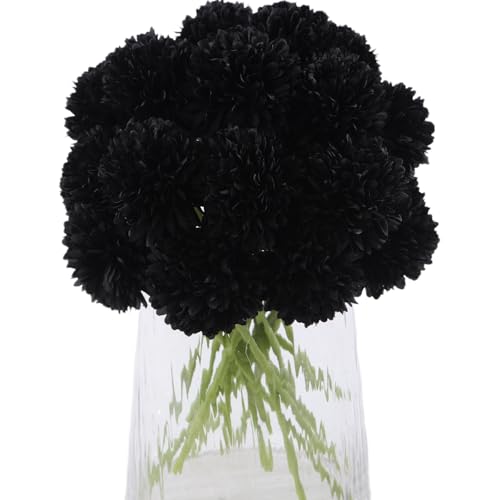Kimura's Cabin 20Pcs Black Chrysanthemums Artificial Flowers Faux Silk Mums with Stem Balls Flowers for Halloween DIY Arrangement Home Party Table Centerpieces Decor Vase Fillers - color: Black