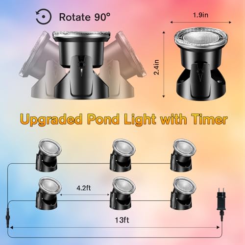POPOSOAP LED Underwater Pond Lights 6-Head, IP68 Waterproof Pond Lights with Timer, 90° Rotatable Design & Gravity Base Fountain Lights for Pond Fountain Waterfall Aquarium Pool -P66HZ - size: 6 Warm White Lights- Corded Electric