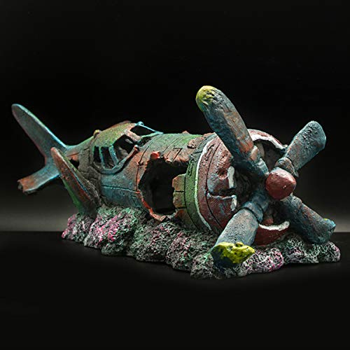 S-Lifeeling Fish Tank Decoration Fighter Vintage Airplane Ruins Submarine Landscape Fish Shrimp Shelter Cave Hideout Resin Aquarium Decor Turtle Tank Decoration - color: Airplane S Size