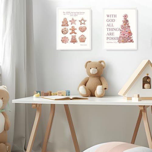 LARTSFRO Coquette Pink Christmas Gingerbread House Gifts Wall Art Decor Posters, Cute Christmas Gingerbread Man Christian Room Bathroom Bedroom Dorm Wall Art Decor Aesthetic for College Teen Girls Gifts, Inspirational Bible Verses Gingerbread Wall Decor,