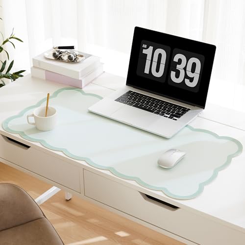 Scalloped Desk Mat, 31.5" x 15.7" Large Cute Aesthetic Desk Accessories, PU Leather Computer Laptop Desk Mouse Keyboard Pad, Desk Writing Mat for Vanity/Work/Home Decor (Sage, 31.5" x 15.7") - color: Sage, size: 31.5" x 15.7"