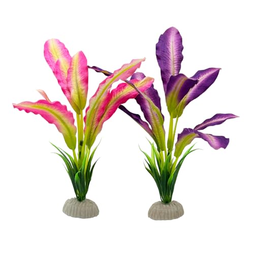 2pcs Set Green Artificial Plant Fish Tank Decor Aquarium Decorations Betta Leaf pad Hammock 8inch Silk/Plastic Plant Goldfish Fish Bowl Small Tank Plants (Purple/Pink-2pcs-Set) - color: Purple/Pink-2pcs-set