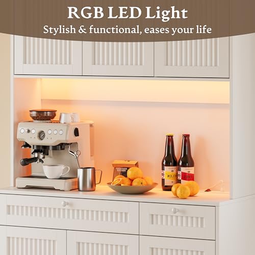 BORNOON Pantry Cabinet with Charging Station and Light, Tall Kitchen Pantry Storage Cabinet with Microwave Stand, Wide Fluted Kitchen Hutch with Storage Drawers and Adjustable Shelves for Dining Room - color: White, size: 6-Door