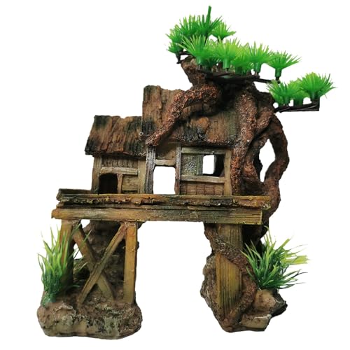 Aquarium Decorations Fish Tank Ornaments House on Terrace with Tree Root Resin Handicrafts for Betta Fish