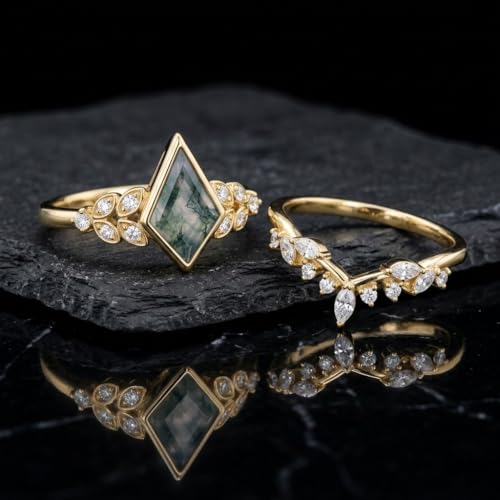 Natural Moss Agate Engagement Ring Set for Women, Unique Genuine Moss Agate Ring, 925 Sterling Silver 10K 14K 18K Solid Gold Nature Inspired Bridal Set, Boho Wedding Jewelry Gift - color: Four