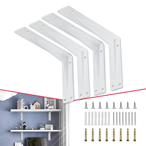 CLT 6” White Shelf Bracket, 1/5" Thick – Heavy Duty Corner Brace, Supports 220 lbs, Industrial Modern Farmhouse Style – Right Angle Bracket for Tables, Benches, DIY Space-Saving Projects (Pack of 4) - size: 6 Inch, style: White L Gusset