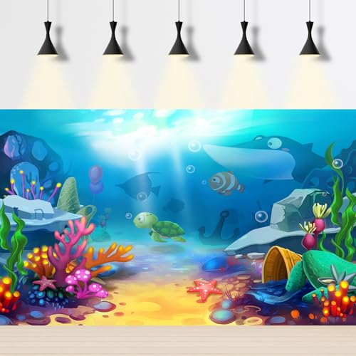 Cartoon Under The Sea Aquarium Background Underwater Coral Reef Aquatic Plants Fish Tank Background Undersea Marine Life Terrarium Backgrounds Ocean Floor Seascape Reptile Tank Backgrounds 24x12in - color: Bright Blue, size: 24(W)x12(H)in
