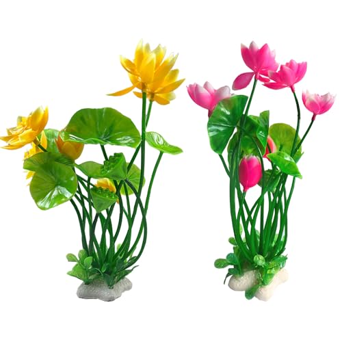 Artificial Lotus Flowers for Aquarium Fish Tank Plants Decorations, 2 Pack, 8.3" High, with Yellow and Pink Blossoms, Green Stems and Leaves, Perfect for Aquarium Decor