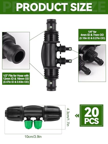 Kalolary 20PCS Locked Barbed Tee Connectors, 1/2" to 1/4" Drip Irrigation Fittings Kit 12/16mm to 4/7mm Tube Lock Female Connector 4-Way Barbed Lock Irrigation Parts for Watering System (Black Green) - color: Black Green 1/2" to 1/4" 4-Way