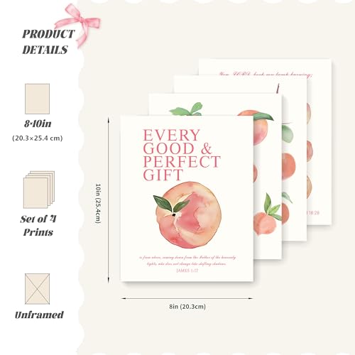 LARTSFRO Coquette Pink Peach Fruits Wall Art Decor Posters, Cute Pink Peach Christian Room Bathroom Bedroom Dorm Wall Art Decor Aesthetic for College Teen Girls Gifts, Inspirational Bible Verses Wall Decor, 10x8 Inch Set of 4 Pcs Fruits Pictures (UNFRAMED