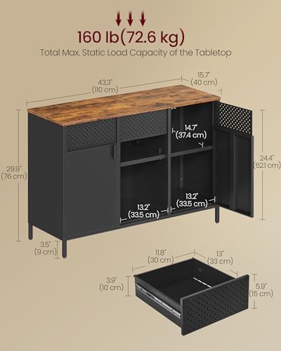 SONGMICS Storage Cabinet, Metal Cabinet, Sideboard with 2 Doors, 15.7 x 43.3 x 29.9 Inches, Magnetic Closure, Adjustable Shelves, Steel Frame, Rustic Brown and Matte Black ULSC204B01 - color: Rustic Brown + Black, size: 43.3"W, style: 1 pack