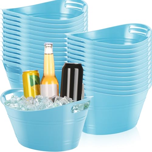 Norme 24 Pcs Oval Storage Tub with Handles, 4.5l Plastic Ice Buckets Bulk for Wine Beer Champagne Drink Cooler Beverage Storage Tub for Parties BBQ Weddings Party Outdoor Celebration(Sky Blue) - color: Sky Blue