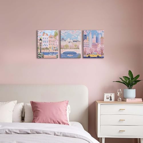 XLARTMY Watercolor City Landscape Travel Wall Art Canvas Framed Pink Cherry Flower Poster Girly Prints Painting Pictures Set of 3 for Bedroom Living Room Office 12x16in - color: Watercolor City PB, size: 12x16in Canvas