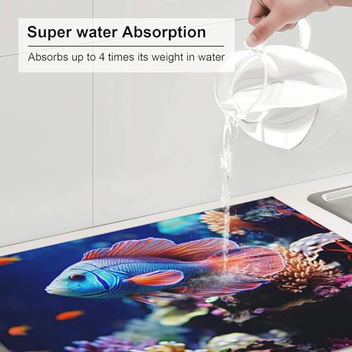 Dish Drying Mat for Kitchen Counter Super Absorbent Microfiber Kitchen Drying Mat Coral Reef Fish Aquarium Non-slip Drainer Mats Extra Large Dish Rack Pad Kitchen Accessories 18"x24"