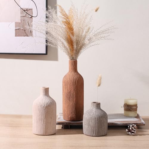Ceramic Vase Set, 3Pcs Flower Vases for Modern Boho Farmhouse Decor, Decorative Vases for Pampas Grass & Dried Flowers, Distressed Finish - color: M