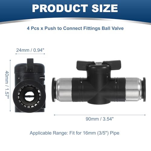 PATIKIL 16mm (3/5") Push to Connect Fittings Ball Valve, 4 Pcs 0-60 Degree BUC Air Flow Control Valve Quick Straight Connectors Air Hose Fitting for Pneumatic System Pipeline, Black - size: 16mm (3/5")