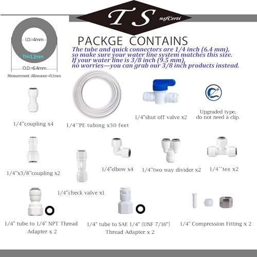 NSF 1/4" inch Water Line Tubing and Push to Connect Fittings for Reverse Osmosis Water Filter RO fittings (Refrigerator Kits),23 pcs connetors+30 feet 1/4" O.D. (6.4mm) water tubing. - style: 1/4"(23pcs+30feet)
