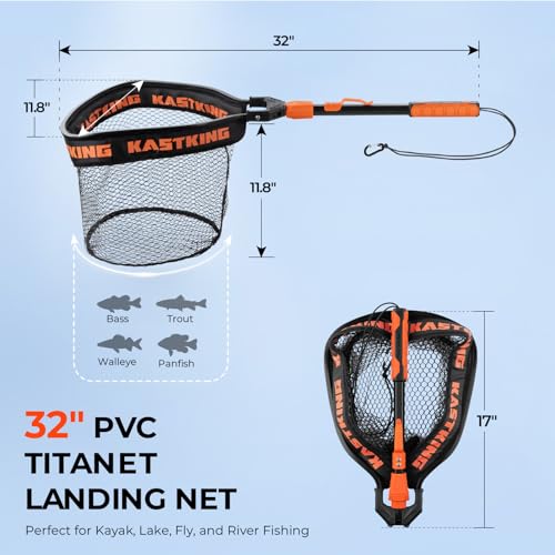 KastKing Titanet Fishing Net, Durable Aluminum Handle, Non-Slip Hi-Vis Grip, Compact Bag & Lanyard, Ideal for Kayak, Lake, Fly, or River Fishing, 2 Net Options - size: 32" Total Length (Fixed Handle), style: Pvc Net