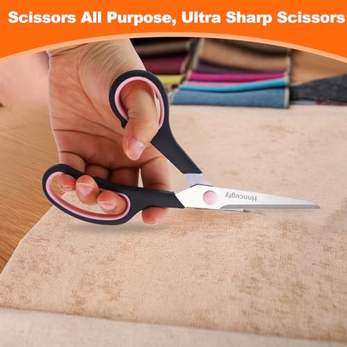 Scissors for Office School Supplies, Hnncugty 8" Scissors All Purpose Bulk Set of 6-Pack, Sharp Shears for Home Craft Sewing Fabric Middle School Student Teacher Supplies, Comfort Right/Left Handed
