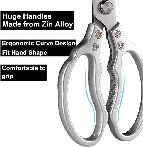 AWinjoy Heavy Duty Sharp Kitchen Scissors, Dishwasher Safe, Cooking Shears for Meat, Chicken, Fish, Poultry, Herb, Bread (Silver) - color: Silver