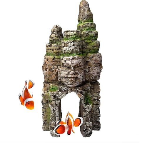 kathson Aquarium Buddha Statue Decorations Fish Tank Resin Buddha for Four Faces Ornament with Caves Hole for Betta Fish Hideout Swim Through