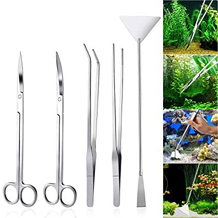 Aquarium Plants Tools, Aquascaping Tweezers Scissor Spatula Tool Stainless Steel Aquarium Tank Aquascaping Tools Set for Fish Starter Kits (3pc/4pc/5pc) (5 PCS) - size: 5 PCS