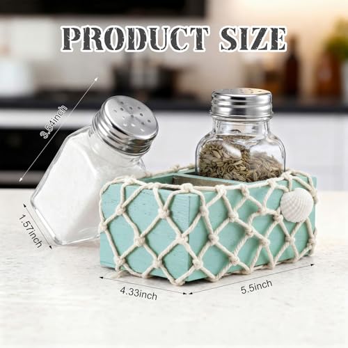 Beach Salt Pepper Shakers Set with Wooden Blue Holder Seashell Fishing Net Salt and Pepper Shakers Holder Beach House Gift Coastal Ocean Decor for Kitchen 3.38oz