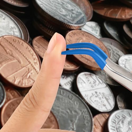 2 Piece Tweezers with Rubber Tips Set - Bent and Straight Flat Tips Tweezers PVC Coated for Stamp Coins Jewelry Crafts, Electronics(Silver, Blue) - color: Silver, Blue