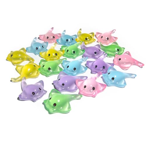 20Pcs Mini Resin Glow in the Dark Stingray Figurines - 6 Colors Realistic Cute Sting Ray Decorations for Terrarium Decor, Fairy Garden, Aquarium, Small Resin Animals with Storage Box