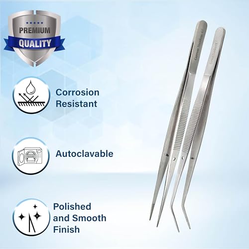 Lab Tweezers High Precision Forceps, 6" (15.2 cm), Fine Strong Point tweezers, Stainless Steel (6" Straight + Angled) - size: 6 " Straight + Angled