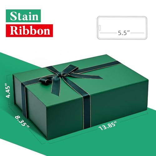 LIFELUM Gift Boxes with Lids 2 Pack 13.85 x 8.35 x 4.45 inch Green Christmas Gift Boxes with Strong Magnetic Lid for Presents with Luxury Accessories Card, Ribbon, Filler,Sticker - color: Dark Green, size: 1 count (Pack of 2)