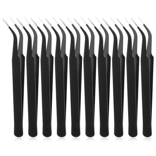 10 Pieces Tweezers for Crafting Stainless Steel Curved Pointed Tweezers Precision Sticker Tweezer with Protective Cover for Eyelash Extensions Stickers Rhinestones Crafts (Black) - color: Black