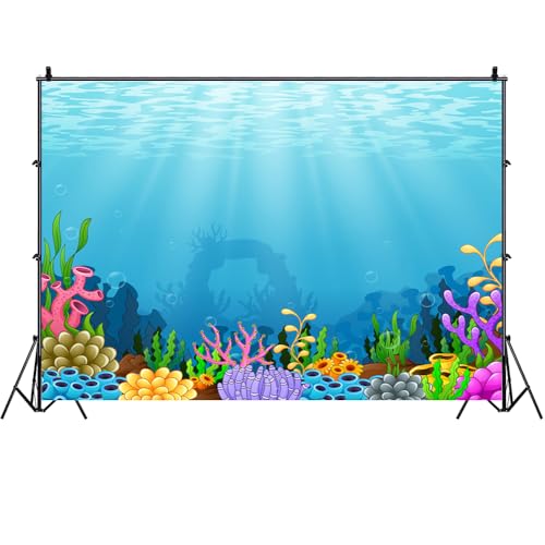 5x4ft Under The Sea Backdrop Ocean Underwater World Background Colorful Coral Blue Seawater Tropical Underwater Scene Children Little Mermaid Birthday Party Banner Baby Shower Photo Booth - size: 5X4FT