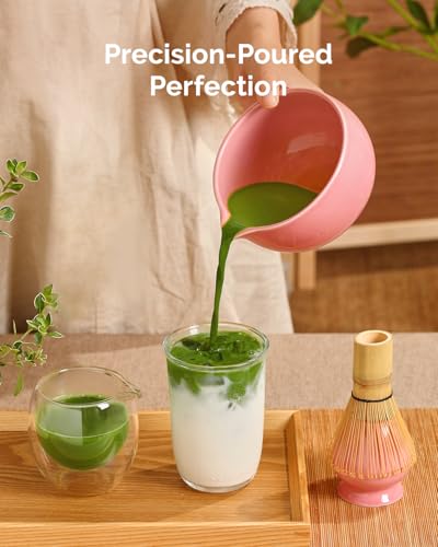 Maestri House Pink Matcha Whisk Set, 7-Pc Complete Matcha Kit with Spouted Ceramic Bowl, Bamboo Whisk and Holder, Scoop, Spoon Rest & Sifter, Tea Cloth – Ideal Gift for Matcha Lovers (Pink) - color: Pink