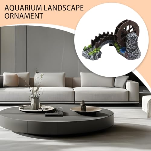 Aquarium Ornament - Water Wheel Bridge Statue, Chinese Potted Plant Simulation Decoration, Fish Tank Accessory, Sturdy Resin Material for Freshwater and Saltwater Tanks 7.09x5.91x4.72 Inches