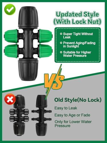 Kalolary 20PCS Locked Barbed Tee Connectors, 5/16" to 1/4" Drip Irrigation Fittings Kit 8/12mm to 4/7mm Tube Lock Female Connector 6-Way Barbed Lock Irrigation Parts for Watering System (Black Green) - color: Black Green 5/16" to 1/4" 6-Way
