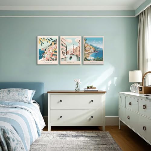 XLARTMY Italy Amalfi Coast Travel Posters Wall Art Framed Canvas Decor City Landscape Blue Venice Coast Painting Beach Modern Artwork for Living Room Bedroom Bathroom Office Set of 3 12x16in - color: Travel Coast, size: 12x16in Canvas