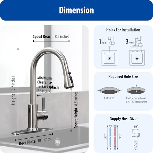 WEWE Touchless Kitchen Faucet with Pull Down Sprayer - Single Handle Kitchen Faucets Smart Motion Sensor Stainless Steel Brushed Nickel Sink Faucet - color: Brushed Nickel, style: Contemporary