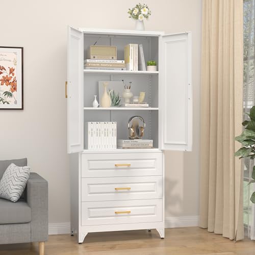 SteeLoong 75" Kitchen Pantry Cabinet with 3 Drawer,Metal Storage Cabinets with Doors and 4 Adjustable Shelves,White Kitchen Cabinet with 2 Gold Handles,Food Cupboard for Livingroom,Pantry, Bathroom - color: White, size: 75"H 3 Drawers