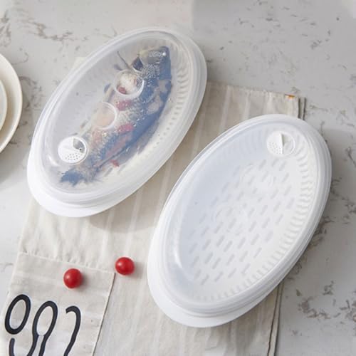 BESPORTBLE Professional Fish Steamer Plate with Lid for Microwave, Food Steaming Plate for Steamed Fish and Dumplings, Quick Heat Transfer and Water Retention, White Cooking Container