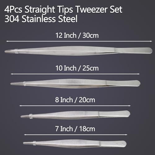 4Pcs 304 Stainless Steel Tweezer Set, 7" 8" 10" 12" Long Tweezers with Precision Serrated Straight Tips, Non-slip Kitchen Tweezers for Cooking Baking Crafts Tank Aquarium Terrarium