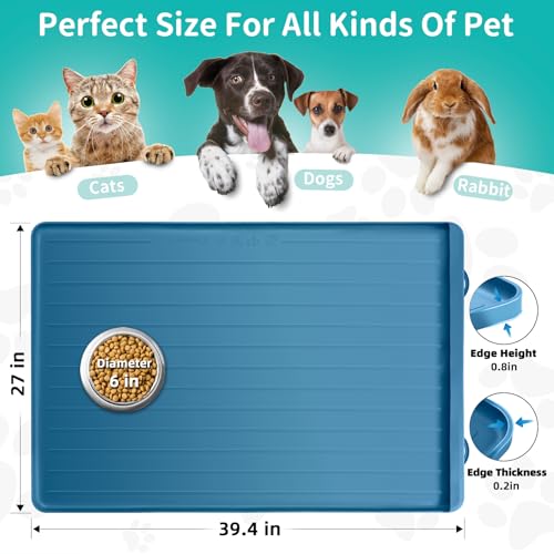 Dog Mat for Food and Water - 39.4" x 27" Large Pet Feeding Mats with Residue Collection Pocket - Waterproof Dog Cat Bowl Mat with High Edges to Prevent Water and Food Spills (Navy) - color: Navy