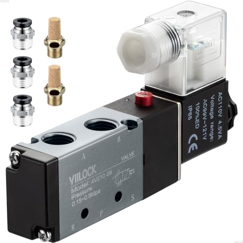 Pneumatic Solenoid Valve, 5 Way 2 Position 1/4”NPT Single Coil Pilot-Operated Electric Air Control Valve 4V210-08 (AC110V) - style: AC110V Junction Box