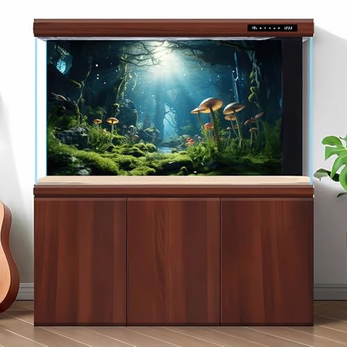 Jungle Rainforest Fish Tank Background Tropical Underwater Cave Aquarium Background Mushrooms Lush Green Moss Terrarium Backgrounds Lake Stream Rock Reptile Tank Backgrounds Wallpaper Poster 24x12in - size: 24(W)x12(H)inches/ 60(W)*30cm(H)