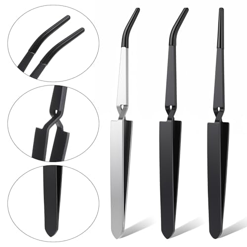 3 Pack Reverse Tweezers, ESD Safe Stainless Steel with Rubber Tips | cross-locking mechanism, straight & bent tip set, non-slip rubber tips, ideal for electronics repair, jewelry making, crafts