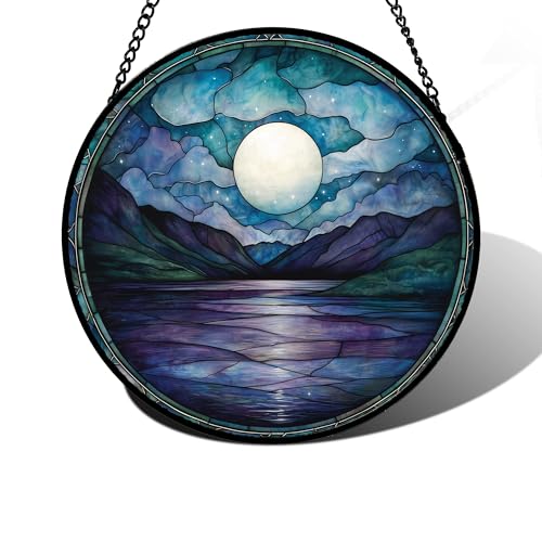 DASTOLL Stained Glass Window Hanging, Blue Night Moon Lake Sun Catchers Colorful Glass Panel Landscape Suncatcher Decor for Birthday for Women, Men, Wife, Aunt, and Mom 6.3 in - color: Blue and White, size: 6.3x6.3 IN