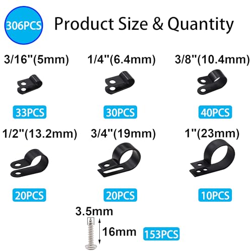 TWTADE 306PCS Black Cable Clamps Nylon Plastic R-Type 6 Sizes 3/16'' 1/4'' 3/8'' 1/2'' 3/4'' 1'' Cable Mounting Wire Clips Assortment Kit with Screws for Wire Management H-049 - color: Black-306PCS