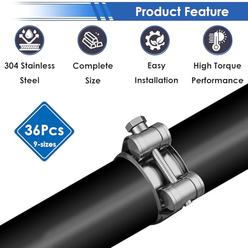 smseace 36Pcs 17-47mm T-bolt Hose Clamps 304 Stainless Steel 9-sizes Heavy Duty T bolt Hose Clamps with M8 and M10 Socket Wrenches - size: 17-47mm